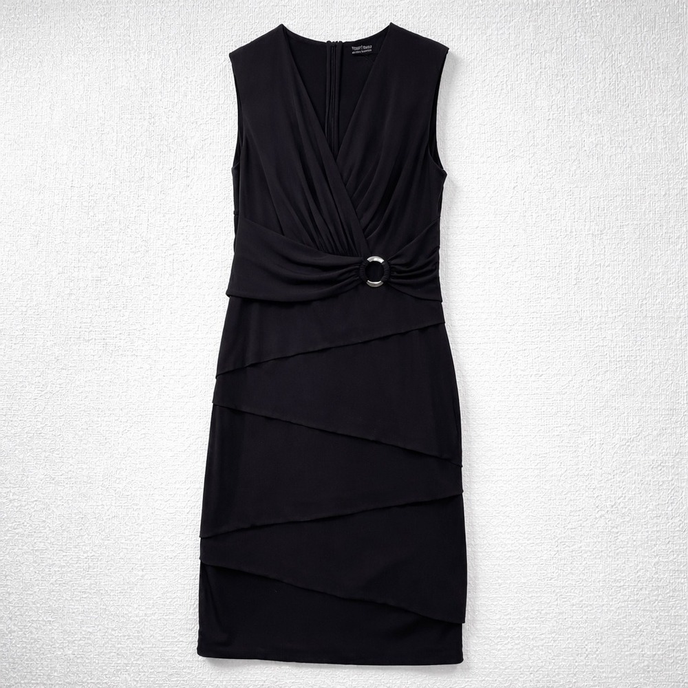 White House Black Market Black Sleeveless V Neck Tiered Sheath Dress‎